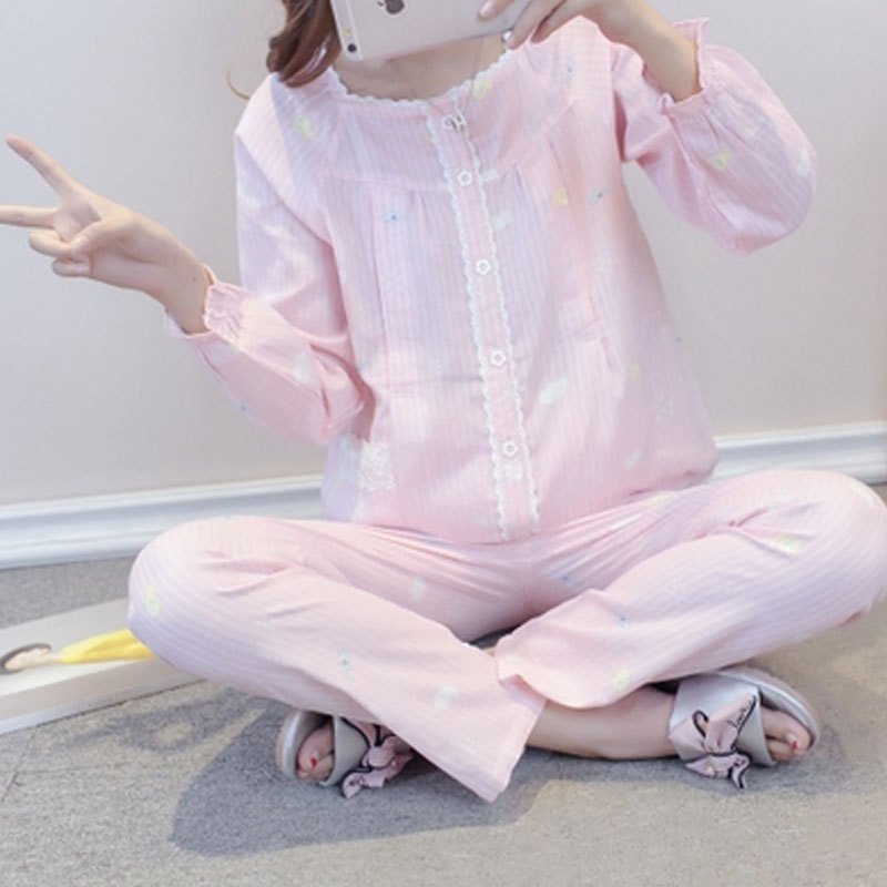 薄款纱双层纱布月子服春夏季产妇孕妇哺乳睡衣长袖喂奶家居服当季新品简约休闲家居服妈咪小清新睡衣夏天 XL 粉色云朵条纹