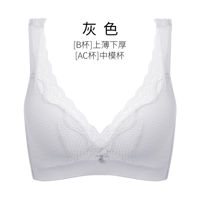 千奈美QIANNAIMEI春季新款健康无钢圈舒适性感睡眠蕾丝美背聚拢全罩杯固定双肩带V型全罩杯性感文胸罩 灰色 70A（32）