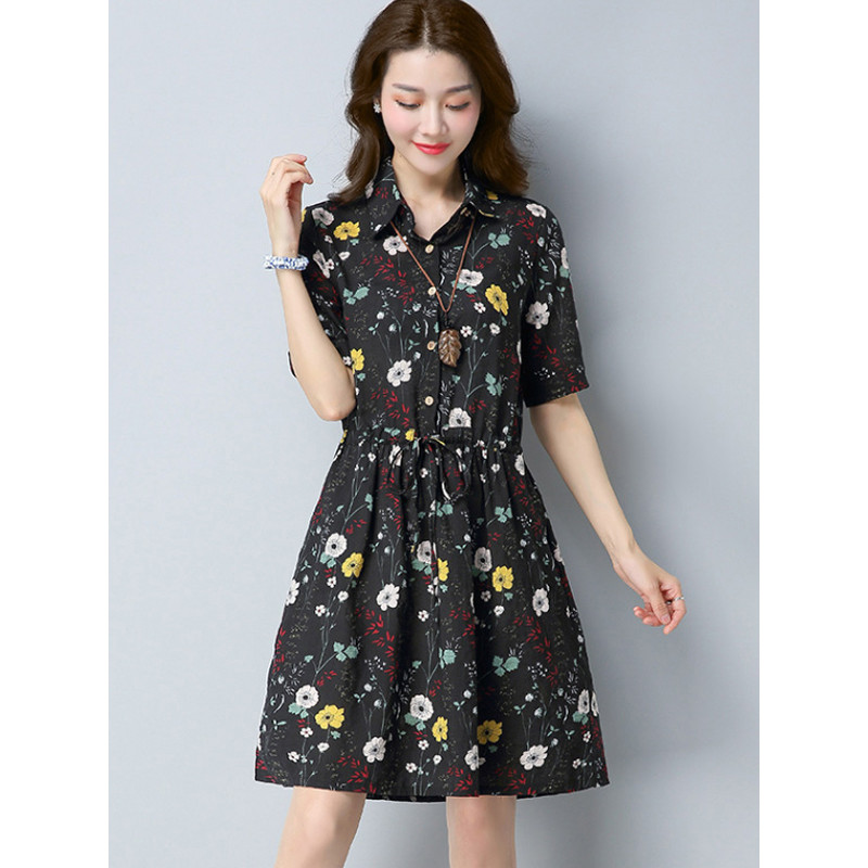 蒂妮佳 夏季新品布衣文艺范短袖中长款印花连衣裙女 109#◎ XXL 黑色
