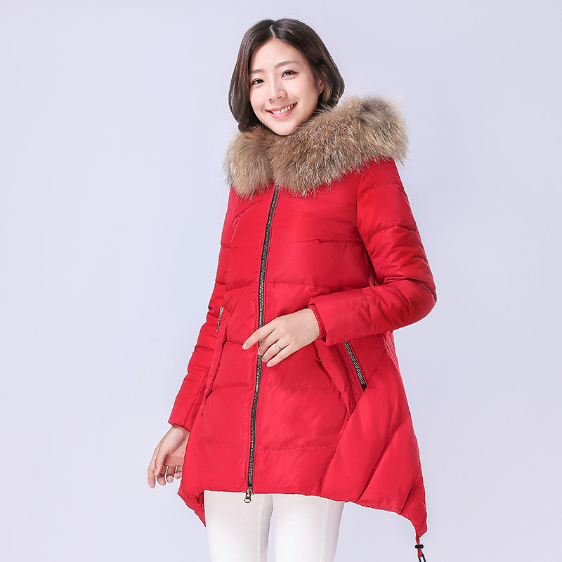 千仞岗2017A版斗篷型新品女装羽绒服 加厚中长款带毛领外套20157 165/M 红色