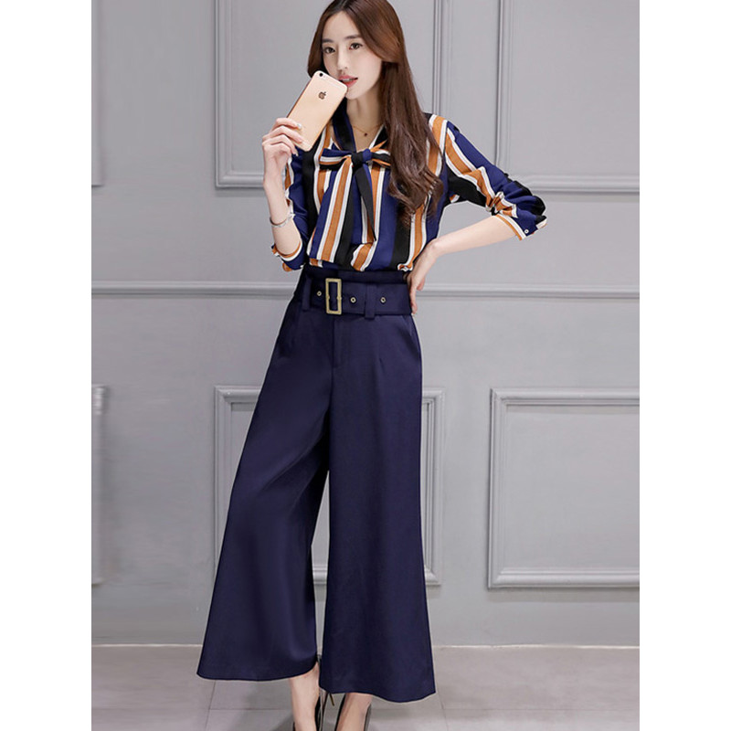 丝柏舍2017秋季新款女装条纹上衣搭阔腿裤套装(配腰带)S71R0095