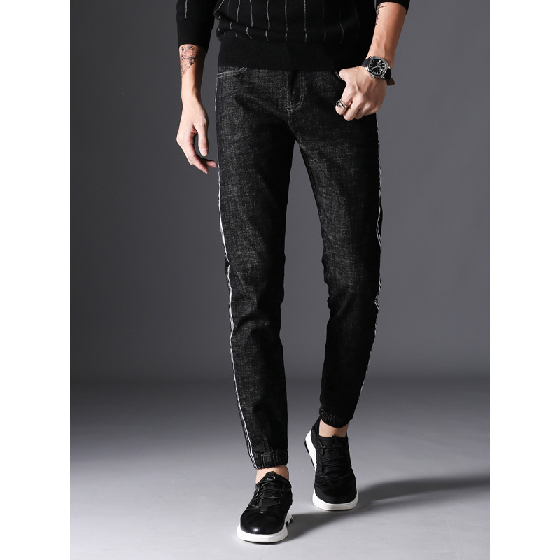 超音狼男装舒适透气韩版高弹牛仔弹力束脚九分裤2017HD-1809 36(2尺9) 黑色