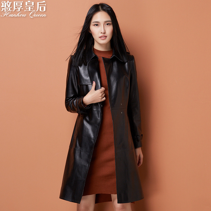 憨厚皇后 真皮皮衣女长款冬季新款海宁修身风衣绵羊皮外套 AC XXL 黑色