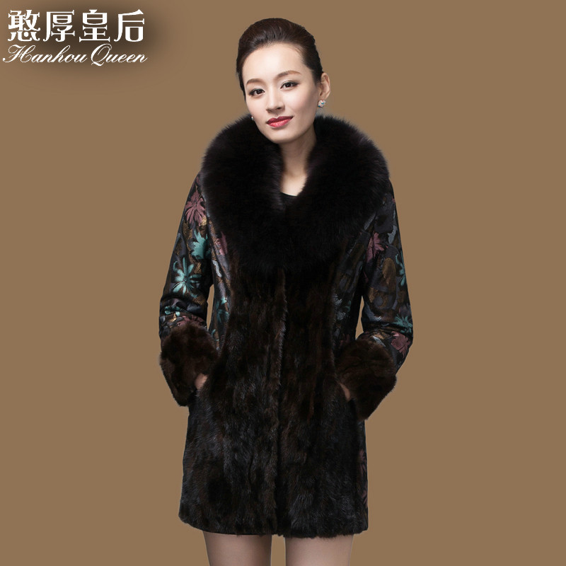憨厚皇后 新款海宁真皮皮衣女狐狸毛领中长款修身绵羊皮夹棉外套 墨绿色 XXXL