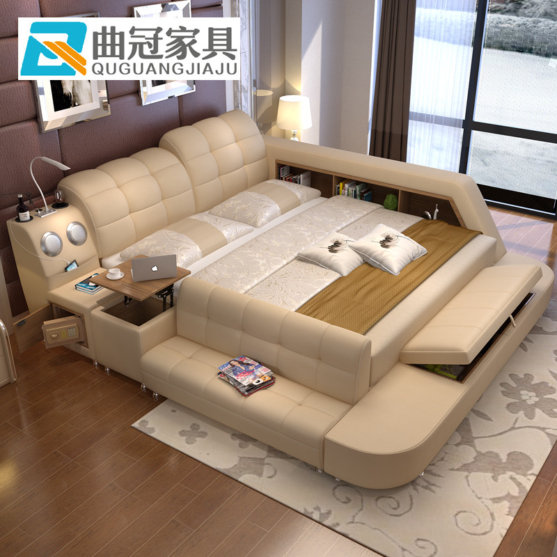 曲冠 床 榻榻米储物功能床 卧室家具真皮床 双人床 婚床1.8米 豪华版/床+天然乳胶椰棕静音圆簧床垫
