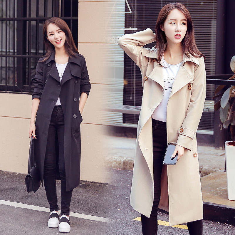 双排扣西装领长袖长款修身纯色2017年秋季风衣 L 黑色