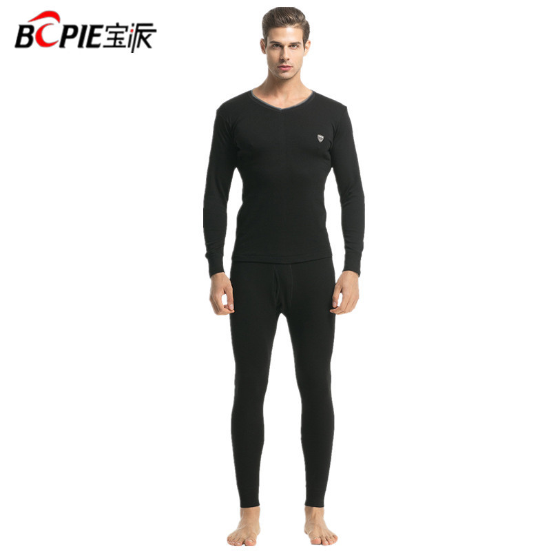 宝派男士纯棉保暖内衣套装打底棉毛衫青年全棉基础男修身秋衣秋裤 7537款 XL 纯色V领-黑色