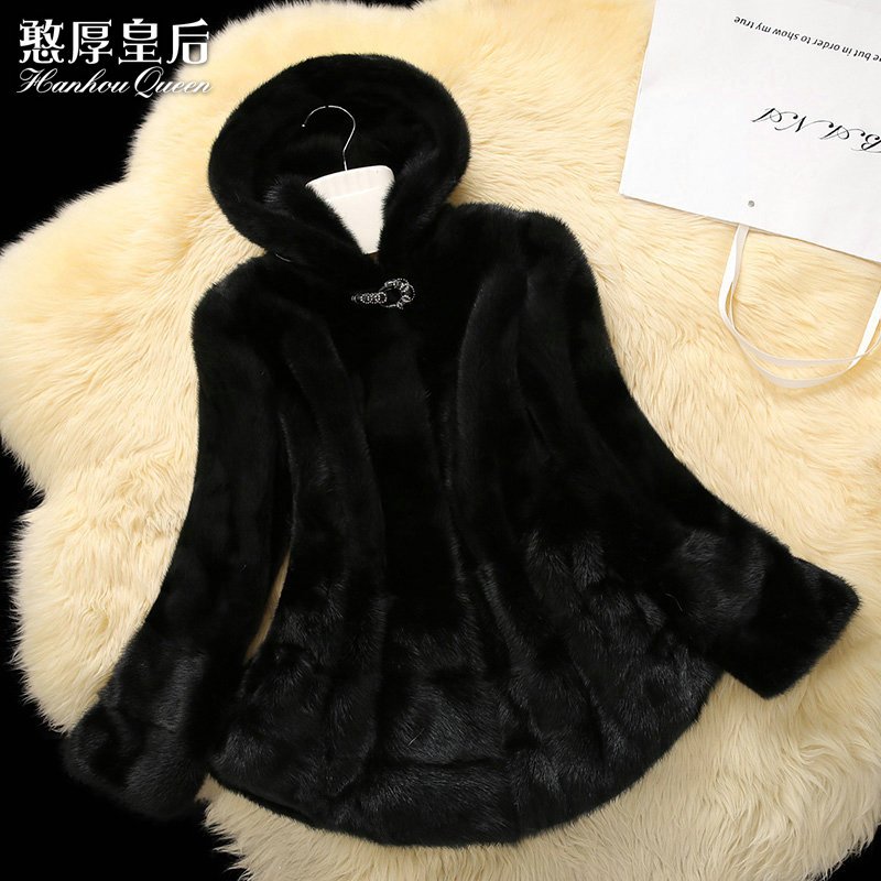 憨厚皇后 貂皮大衣女款整貂中长款冬新款水貂皮草外套连帽 AZ XXL 黑色