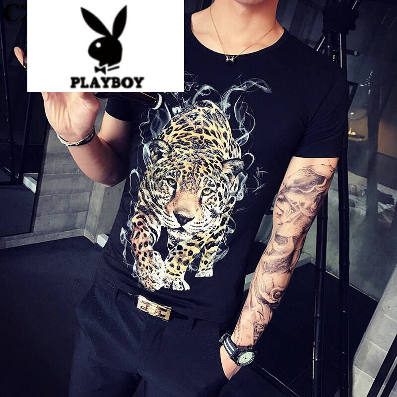 花花公子2017老虎头短袖T恤男潮流男装打底衫圆领修身衣服男士小衫半袖男社会