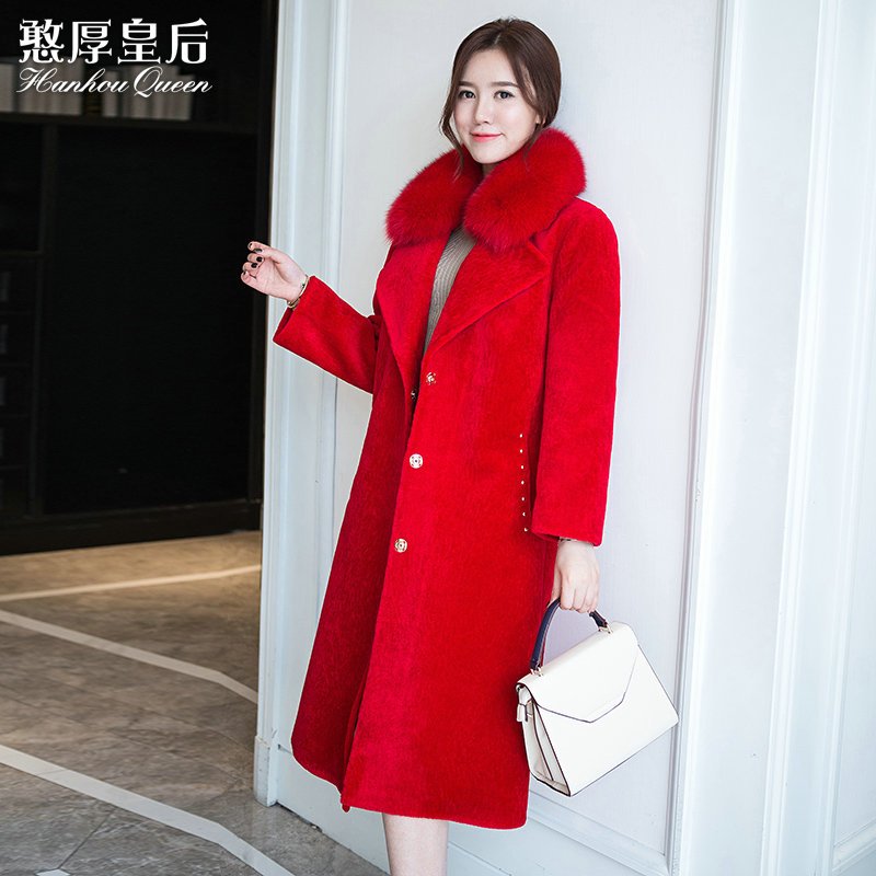 憨厚皇后 2017秋冬季新款海宁皮草羊剪绒大衣女中长款修身外套AY XXL 红色