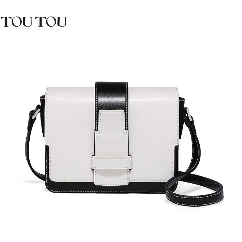 toutou2017新款韩版个性单肩包包女复古撞色邮差包百搭时尚斜挎包 黑配白