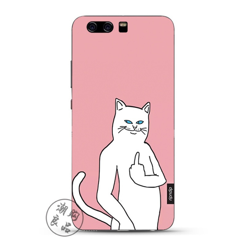 2017款华为p10/p9/p8/g9plus手机壳青春版欧美个性创意中指猫软硅胶包边 P10-粉底白猫