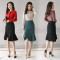 套装/套裙纯色褶皱长袖中长款圆领修身休闲时尚2017年秋季 M 米白+湖蓝