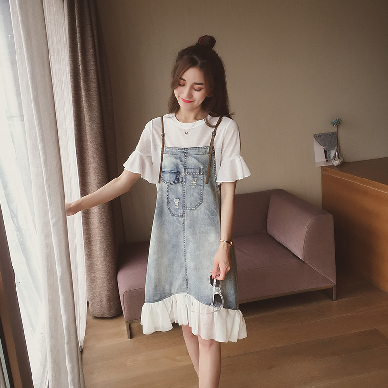 828新款牛仔吊带连衣裙女夏2017新款宽松两件套中长款背带荷叶边裙a字裙