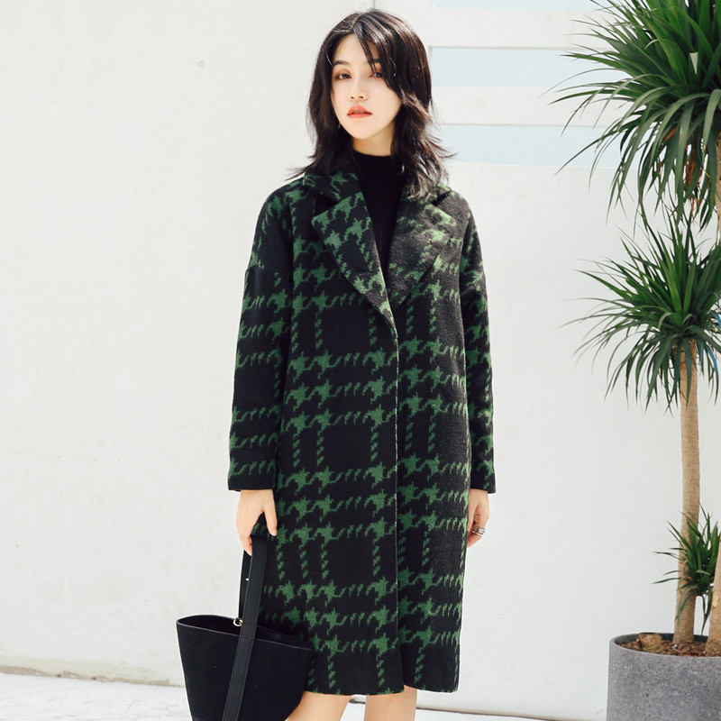 美都汇小香风千鸟格大衣秋季新款女中长款西装领毛呢外套DA1499 S 绿色