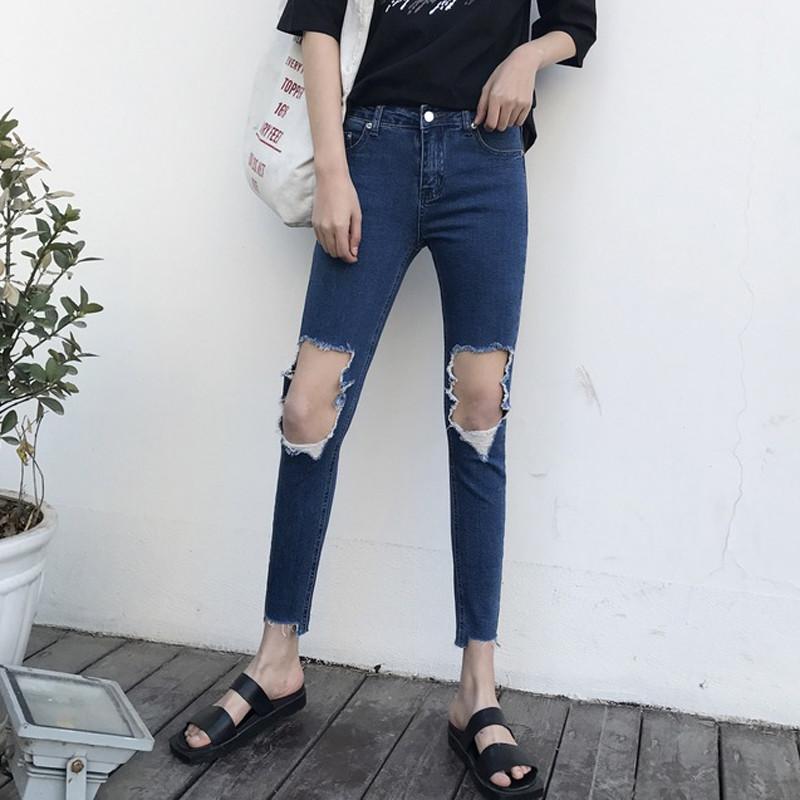 【新品首发】秋装新款韩版膝盖大破洞弹力百搭显瘦牛仔九分裤女高腰简约铅笔裤 L 蓝色
