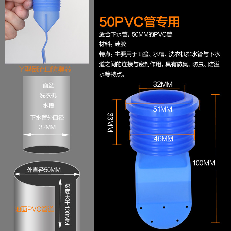 卫生间洗衣机防臭器卫浴防臭地漏芯硅胶内芯铜不锈钢下水管密封圈 蓝色50PVC管用套装