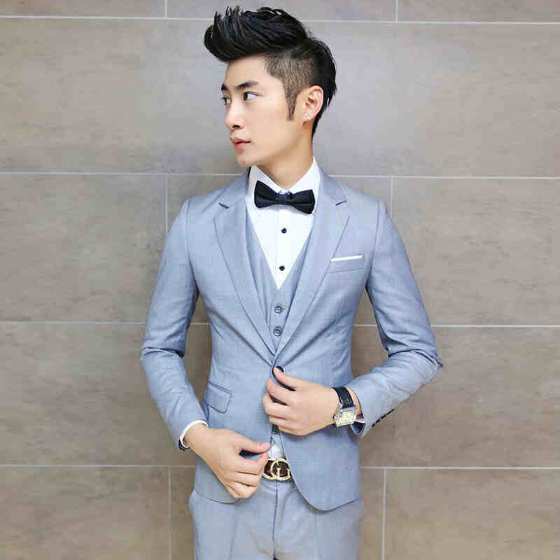 花花公子贵宾贵宾英伦风修身郎结婚西服三件套男士浅色韩版一粒扣伴郎