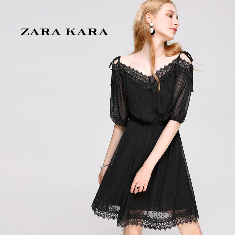 ZARA KARA2017夏新款V领黑色蕾丝拼接雪纺连衣裙收腰显瘦修身欧美裙子 L 黑色