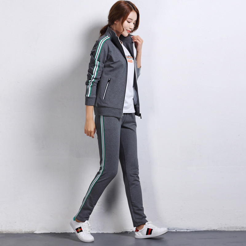 奇安达2017新款运动套装男秋季长袖情侣运动服套装女韩版卫衣休闲运动三件套 913 灰色（女款） L