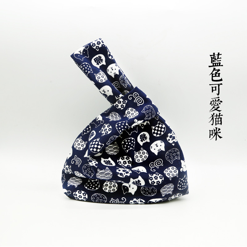 828新款桔子点点日式和风套结手腕袋买菜袋遛弯包装手机钥匙手提包手拎包 蓝可爱猫咪（厚度较厚）