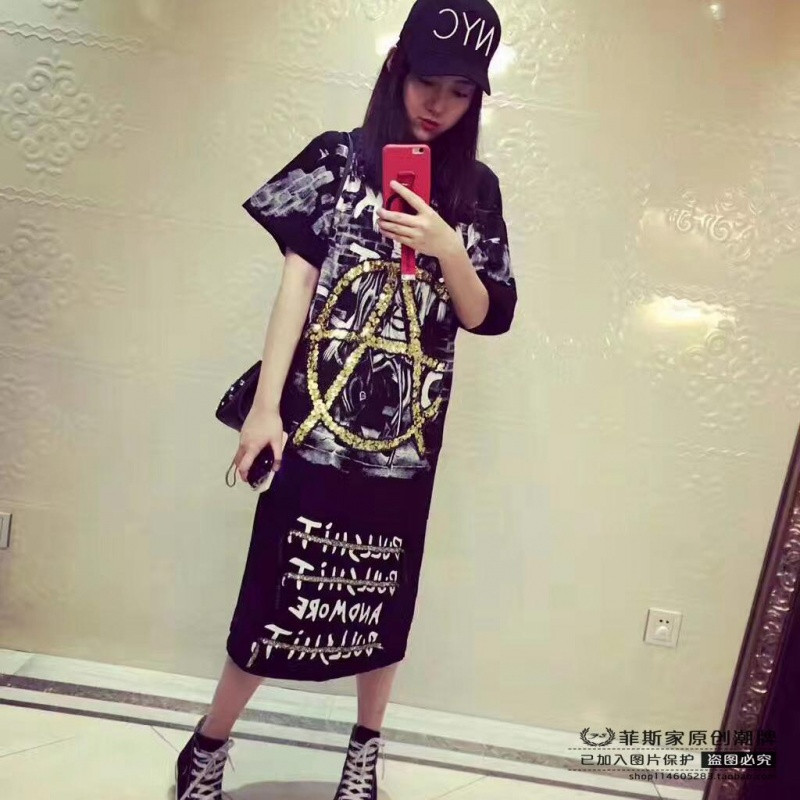 bw9新款泰国潮牌重工印花亮片字母中长款T恤连衣裙宽松短袖圆领上衣女夏 【宽松均码】 图片色