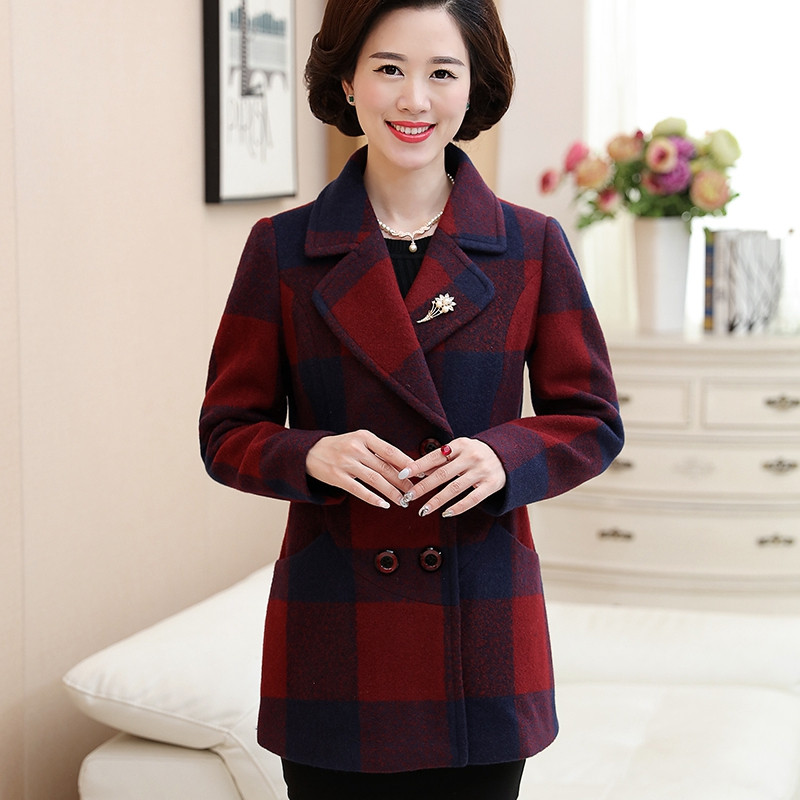 猫人(MiiOW)中老年女装妈妈装秋装新款毛呢外套格子中长款翻领长袖呢子大衣 5XL 红蓝色
