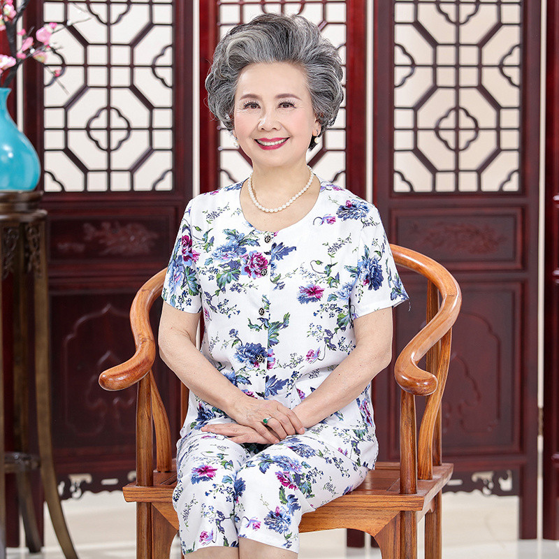 bw9新款奶奶夏装套装老人睡衣短袖两件套妈妈装中老年夏季绵绸休闲家居服 2XL（110-125斤） 花色5