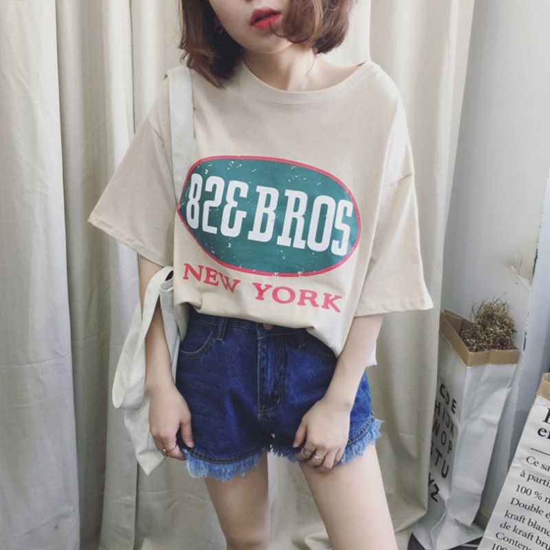 902新款夏装新款原宿bf风短袖T恤女韩版潮学生卡通半袖上衣服宽松体恤衫 XXL 杏色