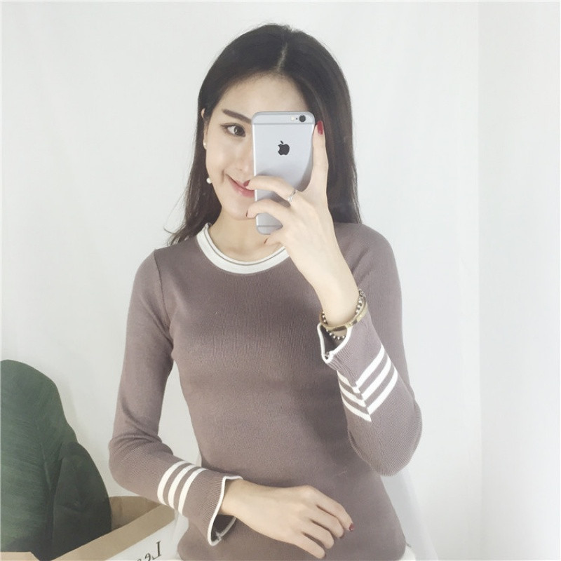 【新品首发】秋装新款韩版条纹显瘦百搭针织衫女修身长袖套头学生打底毛衣上衣 均码 卡其色