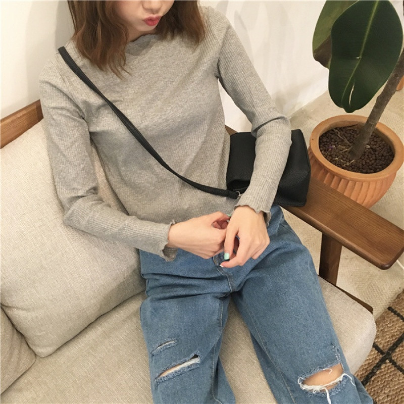 【新品首发】秋装新款韩版纯色卷边褶皱修身显瘦长袖T恤女学生上衣百搭打底衫 均码 灰色