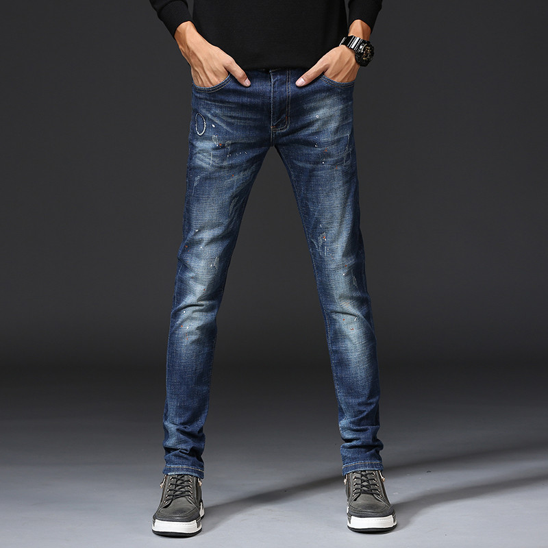 超音狼男装舒适透气潮流舒适喷墨弹力修身小直脚长裤2018JX-3019 蓝色 33(2尺6)