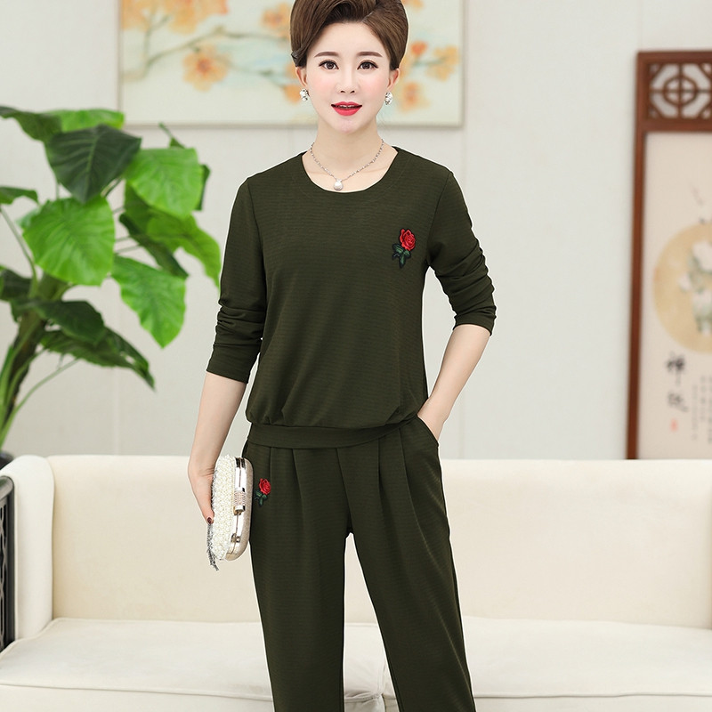 猫人(MiiOW)妈妈装秋装大码运动套装40-49岁绣花休闲运动真两件套装