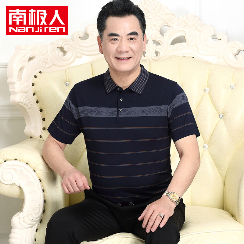828新款中年男士短袖T恤中老年宽松老人上衣爸爸夏装40-50岁Polo衫 165/105 F601藏青