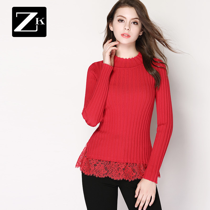 ZARAKARA蕾丝拼接半高领毛衣女套头针织打底白色毛线衫2017 XL 红色