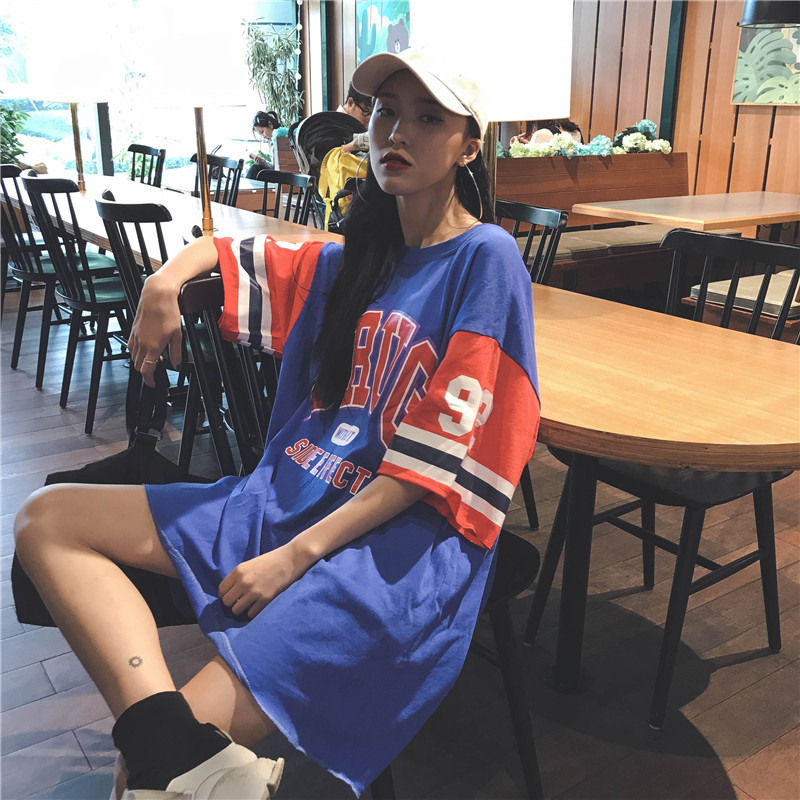 原宿球衣半袖大码上衣bf中长款棒球服短袖T恤女夏宽松韩版学生潮_4 S 蓝色
