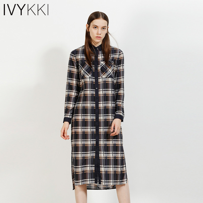 Ivykki艾维2017秋季新款女装复古文艺格子中长款衬衫式连衣裙女 38/M/165 1105藏蓝格
