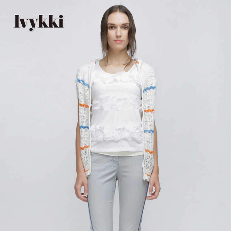 IVYKKI艾维新女春夏连帽开襟针织撞色空调背心女上衣 40/L/170 0002米白