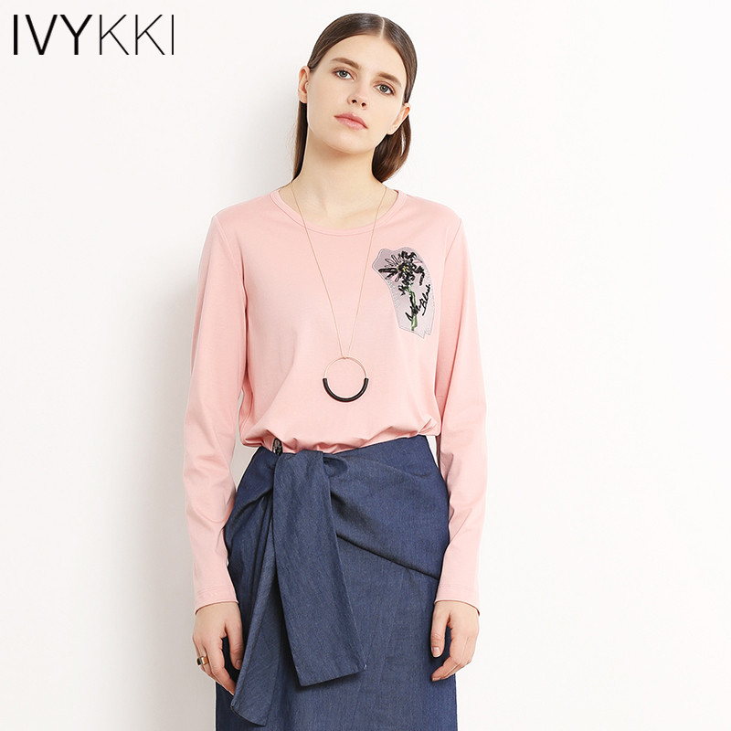 商场同款Ivykki艾维2017春夏新款女装贴布绣针织衫长袖圆领女T恤 38/M/165 0101粉红