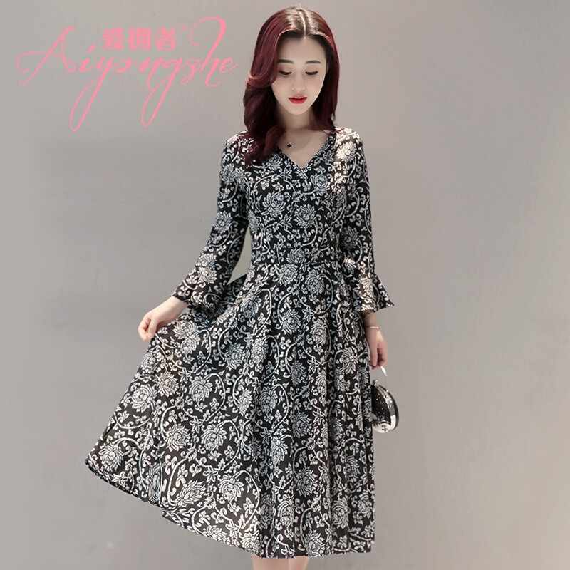 爱拥者红色雪纺连衣裙春款2017新款春秋喇叭