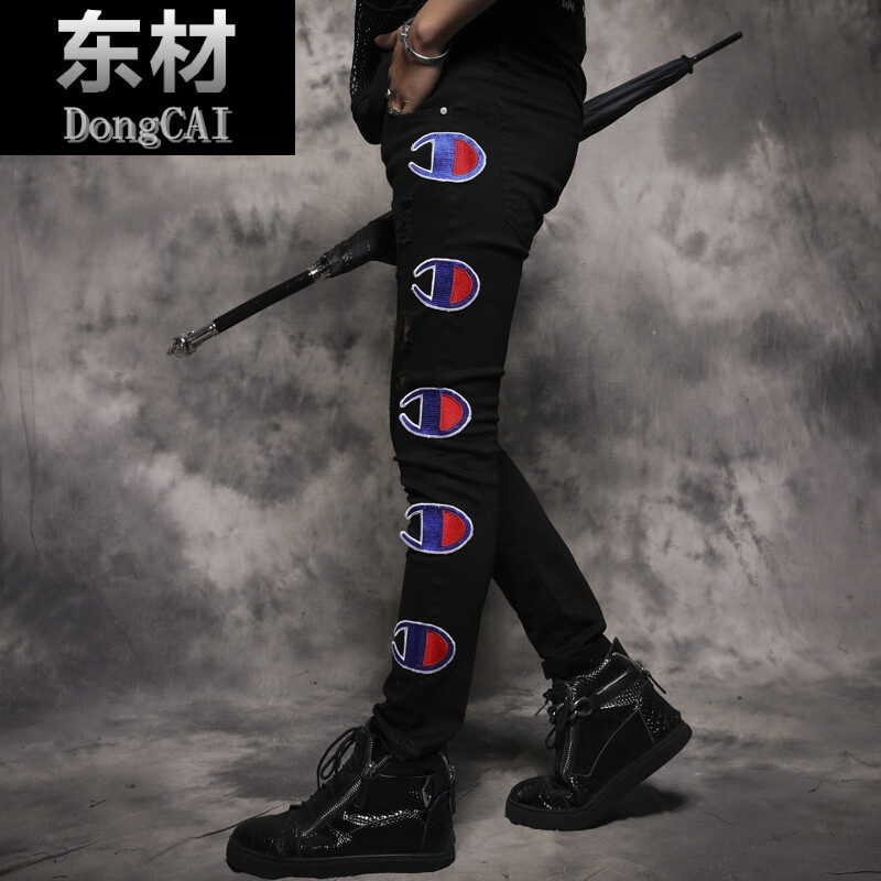 快手红人机智的大叔牌牌琦男士贴布牛仔裤精神小伙修身裤子男黑色 M28-2946 默认颜色