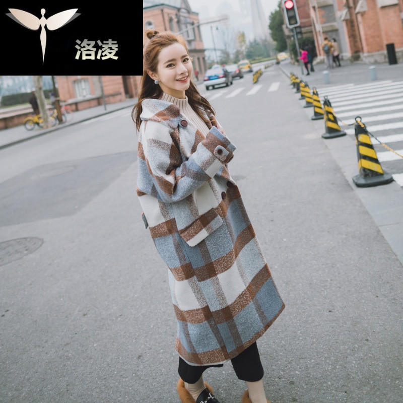 2017新款季女装韩版显瘦格子呢子大衣女中长