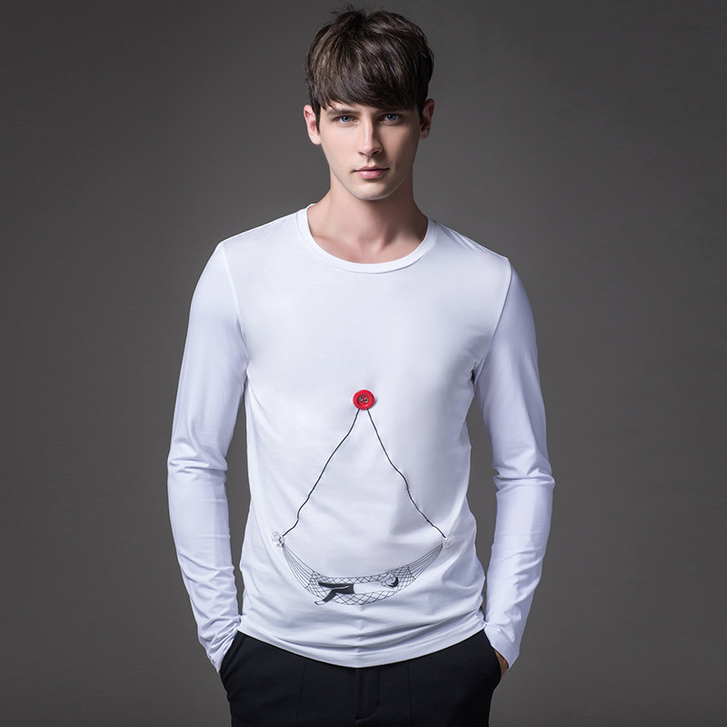 迪尔马奇新品趣味印花纽扣装饰弹力修身男长袖T恤M07581 3XL 白色
