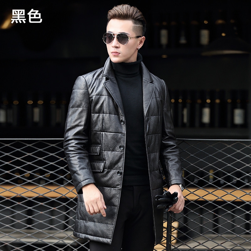 2017新款海宁真皮皮衣男真皮羽绒服长款修身绵羊皮外套冬季 180/XXL 黑色