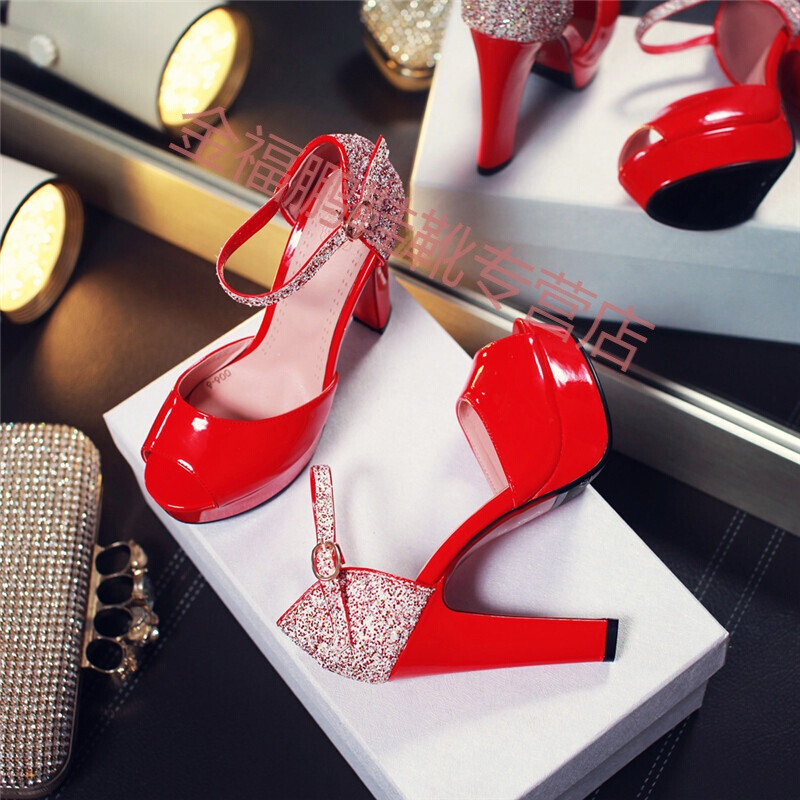 CAETIENT2016夏季新款性感凉鞋女粗跟高跟鞋简约防水台厚底女鞋一字扣带中空时尚鱼嘴 红色 40