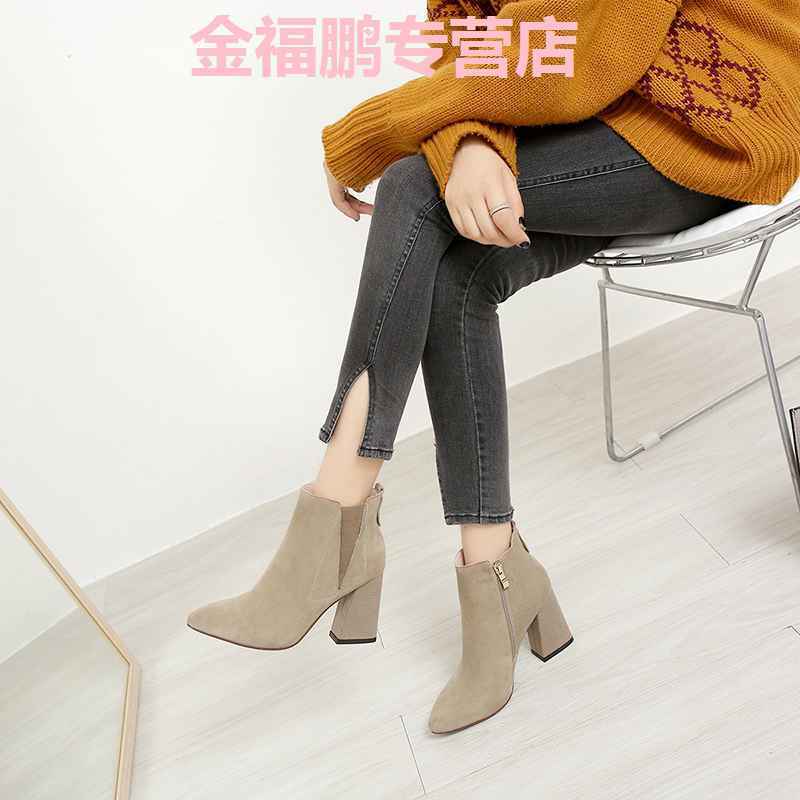 品牌女鞋2017秋季新款短靴尖头高跟粗跟简约女单靴秋靴磨砂高跟单靴百搭马丁靴 咖啡色 40