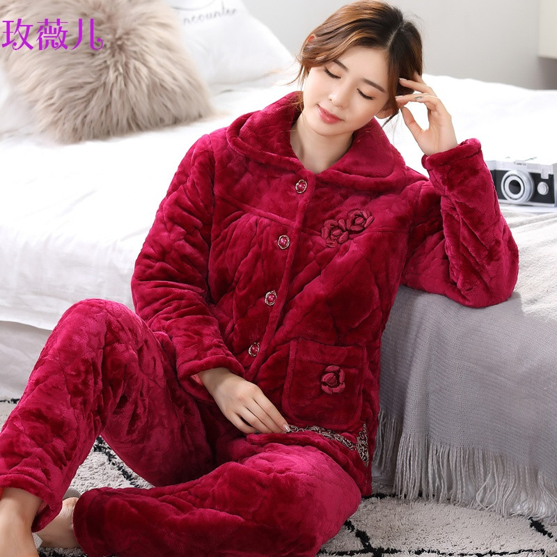 玫薇儿中老年睡衣女冬加厚妈妈保暖珊瑚绒三层夹棉加肥加大码婆婆款套装 XXL H1119#法兰绒夹棉