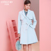 洛诗琳时尚西装领单排扣风衣中长款2017秋冬装新款女长袖通勤修身LDCO773070 S 浅蓝色