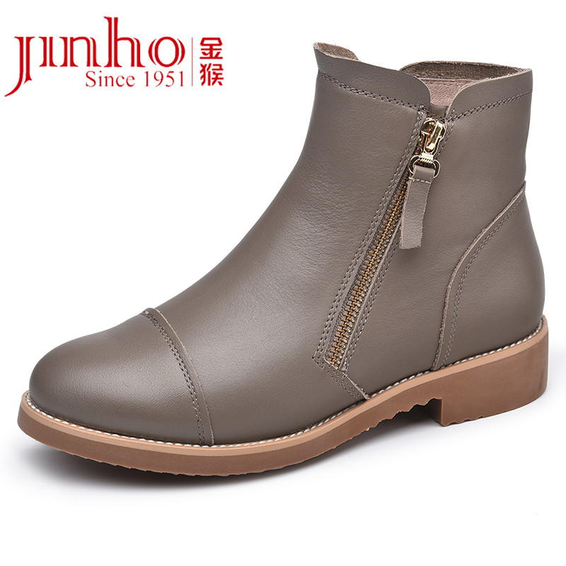 金猴 Jinho 时尚潮流裸靴 欧美风 头层牛皮 侧拉链女士靴子 M40048A/C 灰色 38码