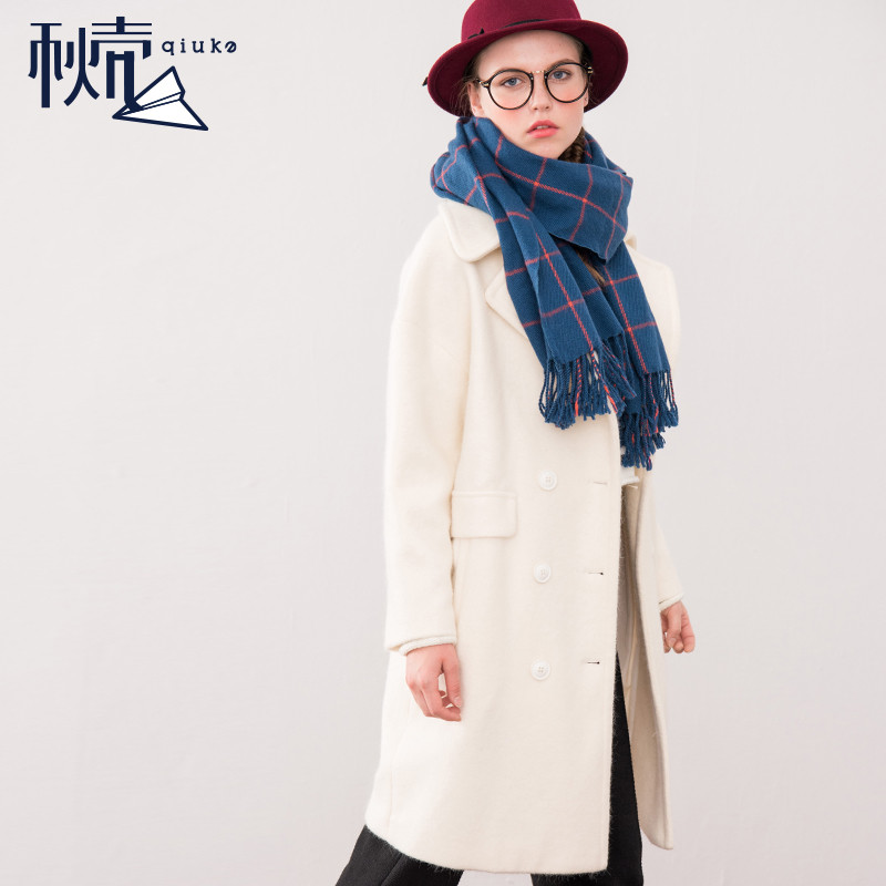 买秋壳秋壳2017冬装新款O型宽松中长款毛呢外套女 L 米白色